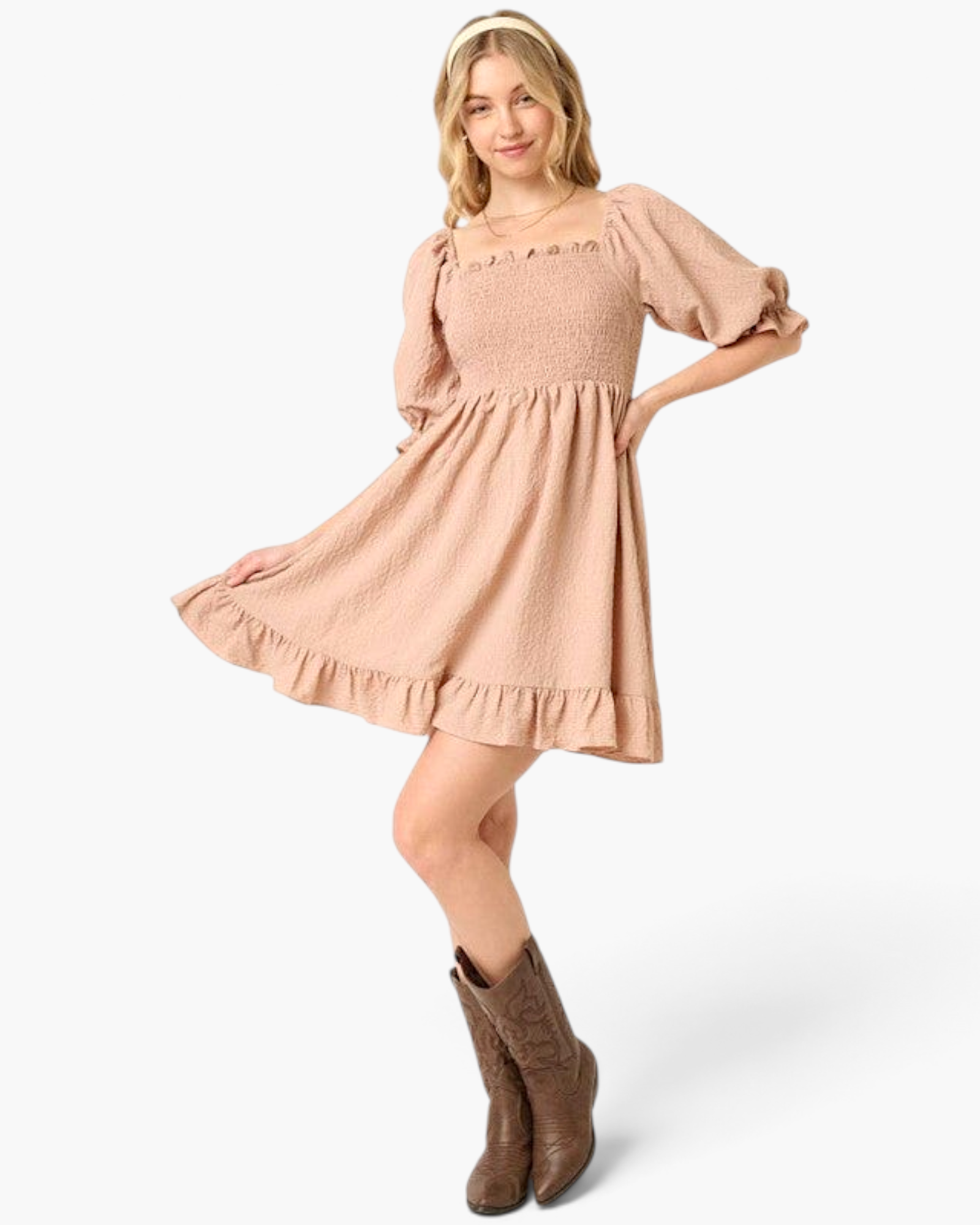 Beach Rose Co. taupe mini dress with smocked bodice, square neckline, and puff sleeves worn with brown cowboy boots.
