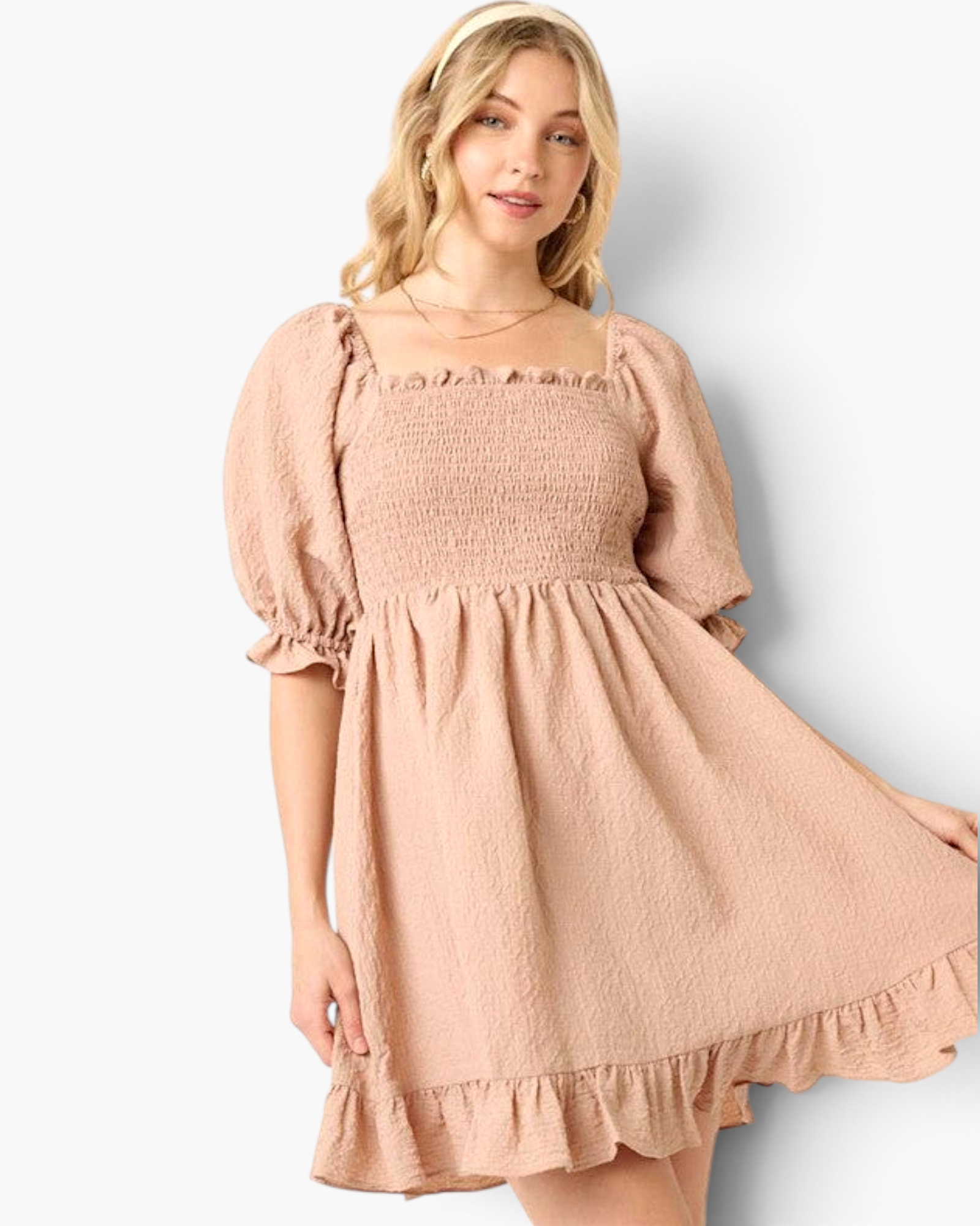 Beach Rose Co. taupe mini dress with smocked bodice, square neckline, and puff sleeves in textured woven fabric.