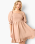 Beach Rose Co. taupe mini dress with smocked bodice, square neckline, and puff sleeves in textured woven fabric.