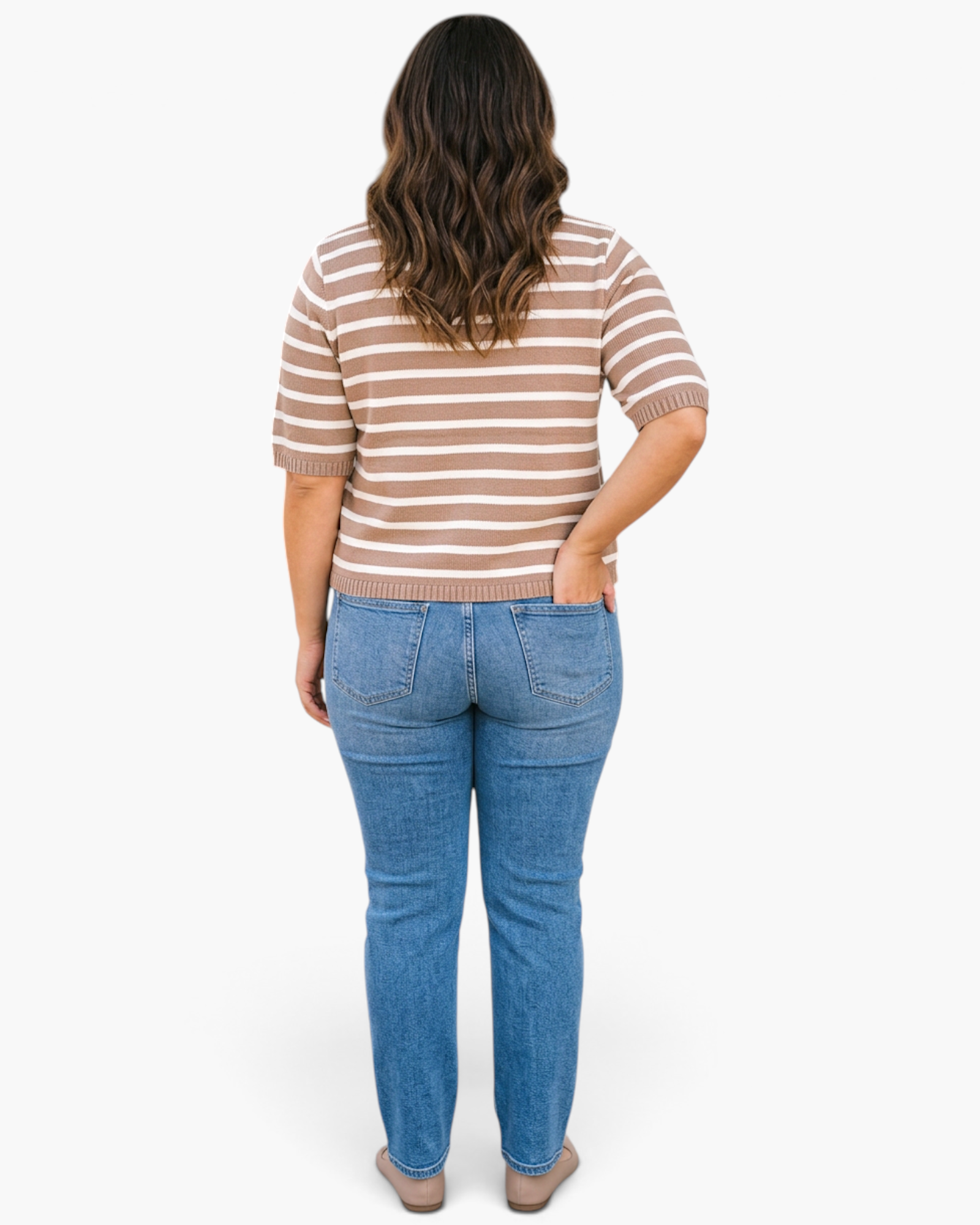 Beach Rose Co. plus size taupe and cream striped short-sleeve knit cardigan worn with blue denim jeans, back view.