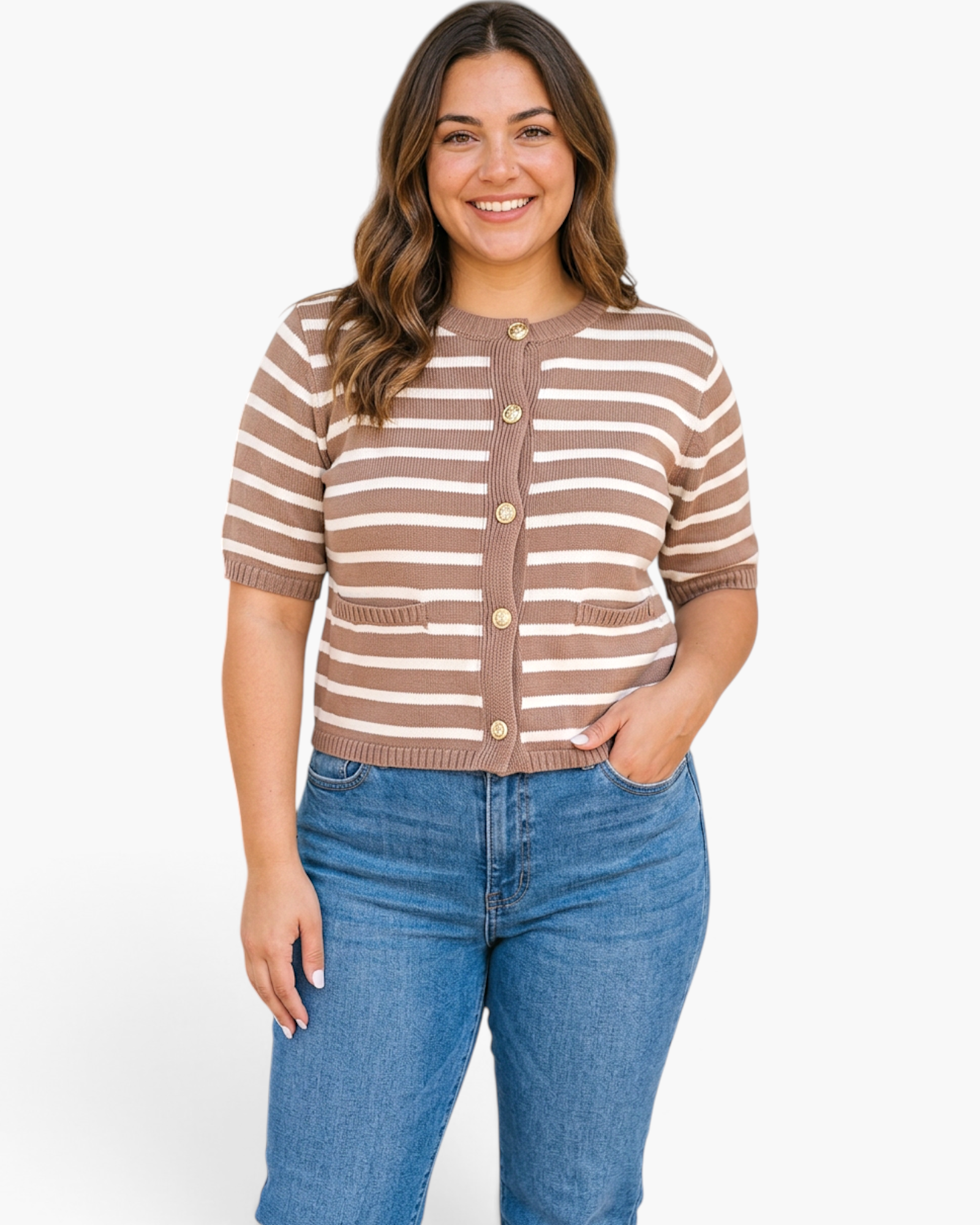 Beach Rose Co. plus-size taupe and cream striped short-sleeve knit cardigan with gold-tone buttons and front pockets.