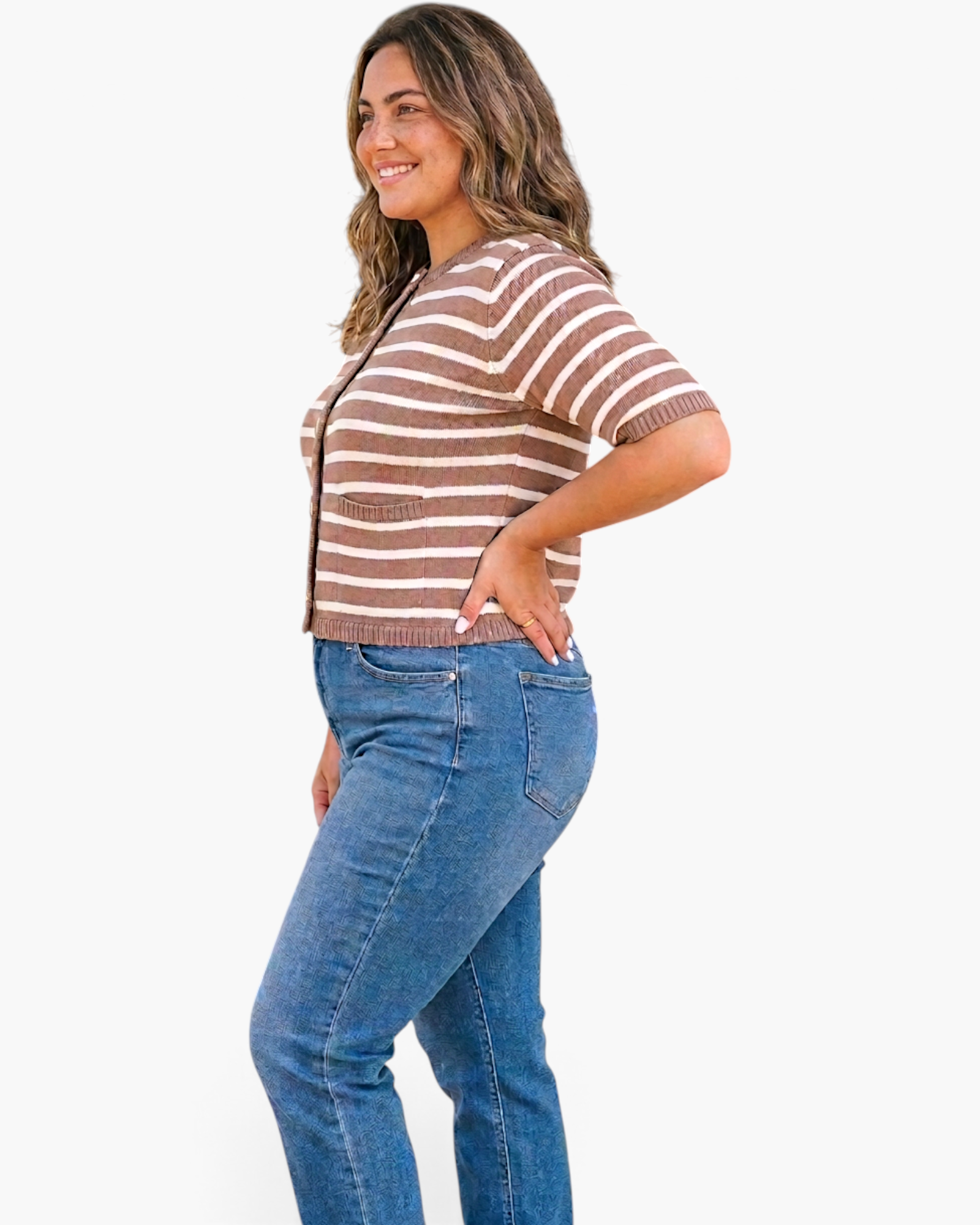 Beach Rose Co. plus size taupe and cream striped short-sleeve knit cardigan with gold buttons worn with blue denim