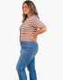 Beach Rose Co. plus size taupe and cream striped short-sleeve knit cardigan with gold buttons worn with blue denim