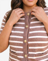 Beach Rose Co. plus size taupe and cream striped knit cardigan with short sleeves and decorative gold-tone buttons