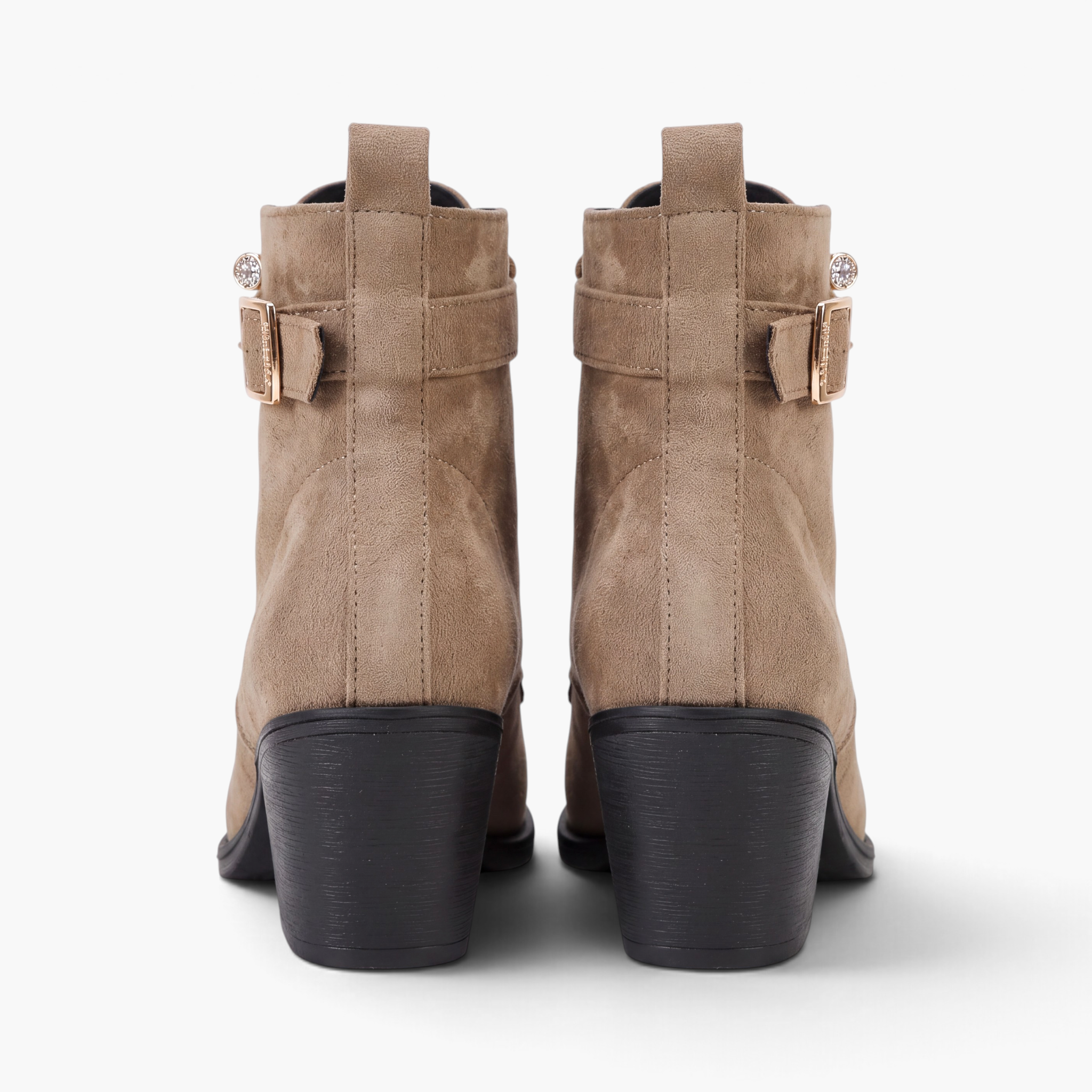 Beach Rose Co. taupe suede ankle boots featuring a chunky block heel, buckle strap, and metallic hardware, back view.