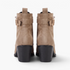 Beach Rose Co. taupe suede ankle boots featuring a chunky block heel, buckle strap, and metallic hardware, back view.