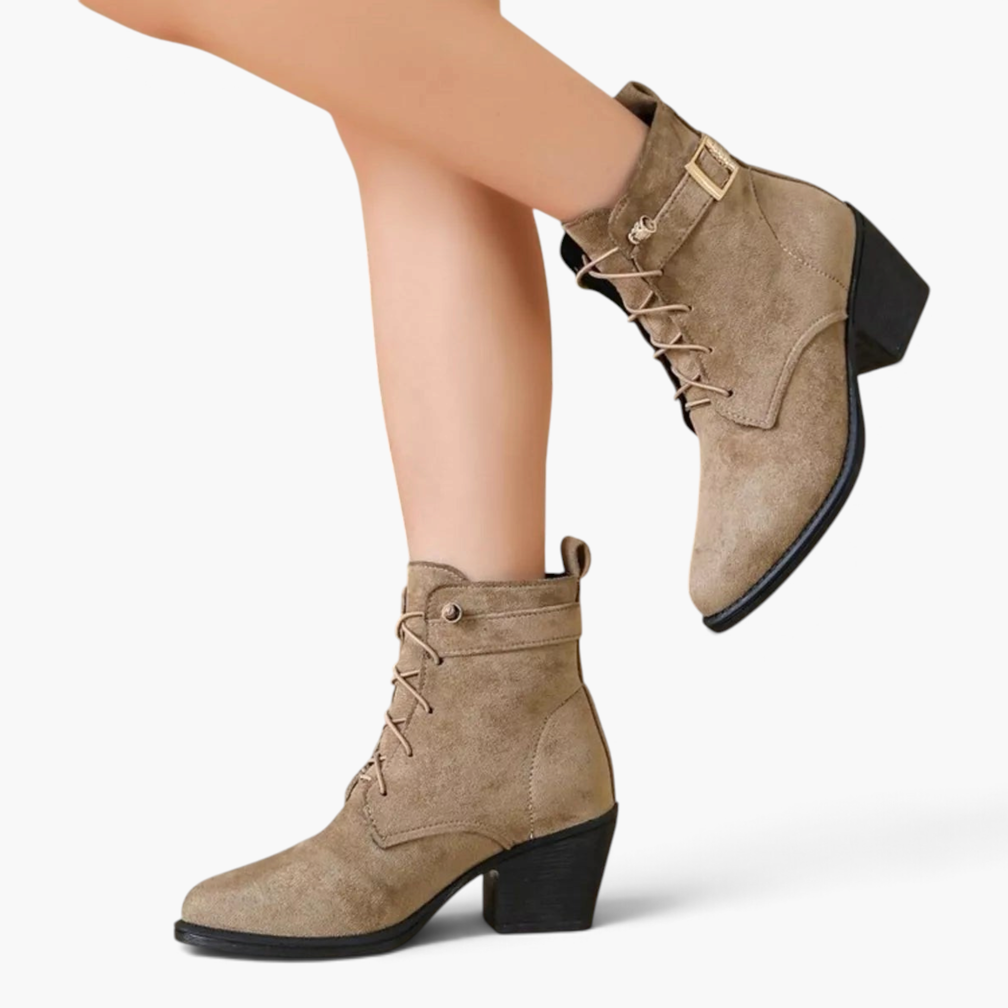 Beach Rose Co. taupe suede ankle boots with lace-up front, buckle strap, and chunky block heel on a model