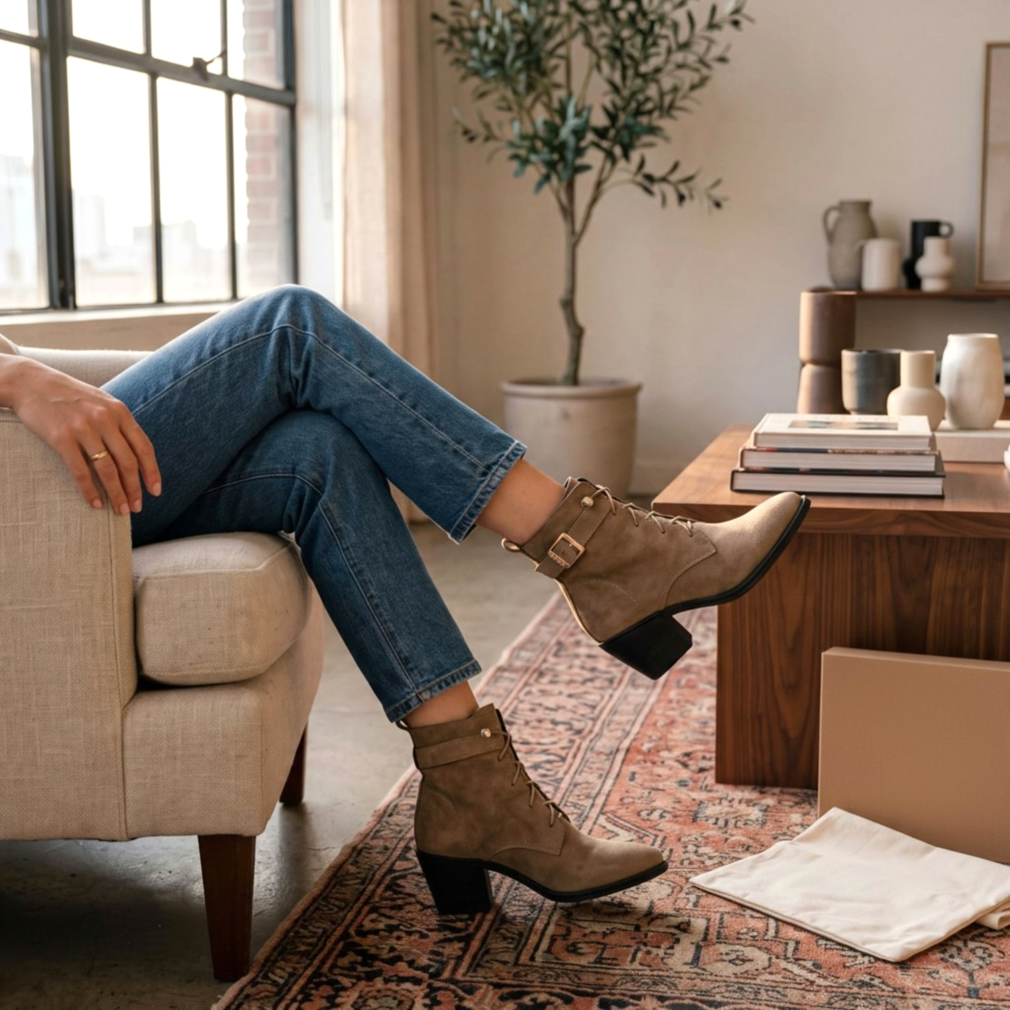 Beach Rose Co. taupe suede ankle boots with lace-up front, buckle strap, and chunky block heel worn with blue jeans.