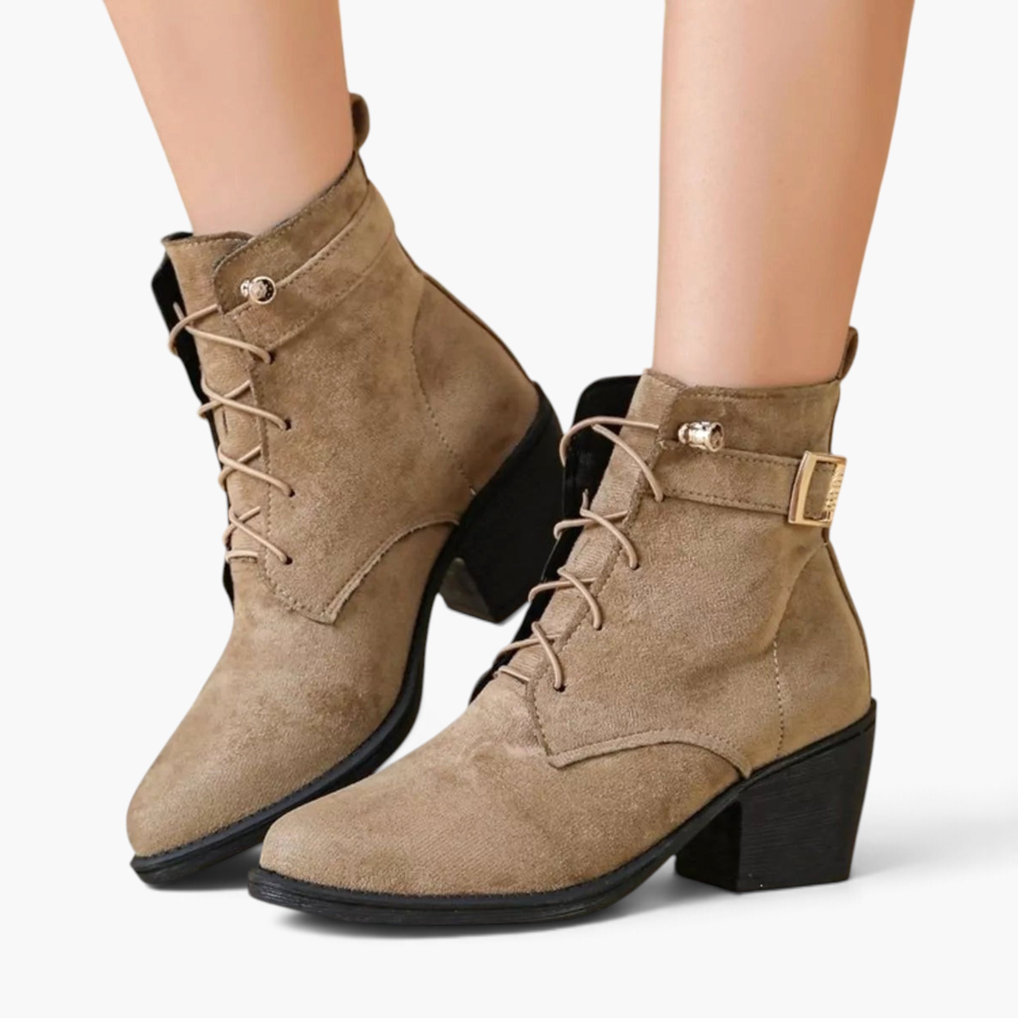 Beach Rose Co. taupe suede ankle boots featuring a lace-up front, side buckle strap, and a chunky black block heel.