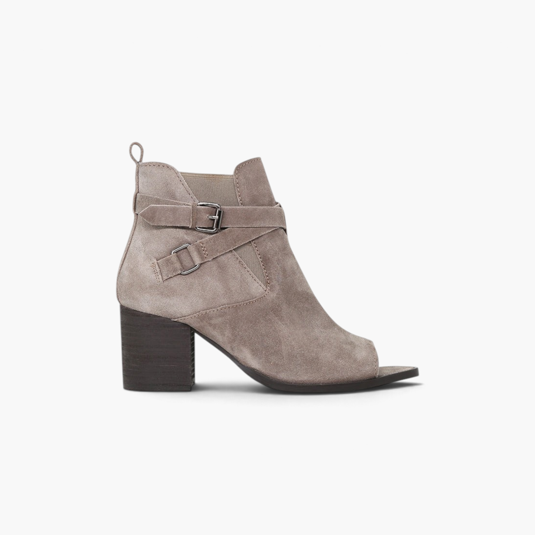 Beach Rose Co. taupe suede peep-toe ankle boots with buckle straps, side zipper, and a stacked block heel.