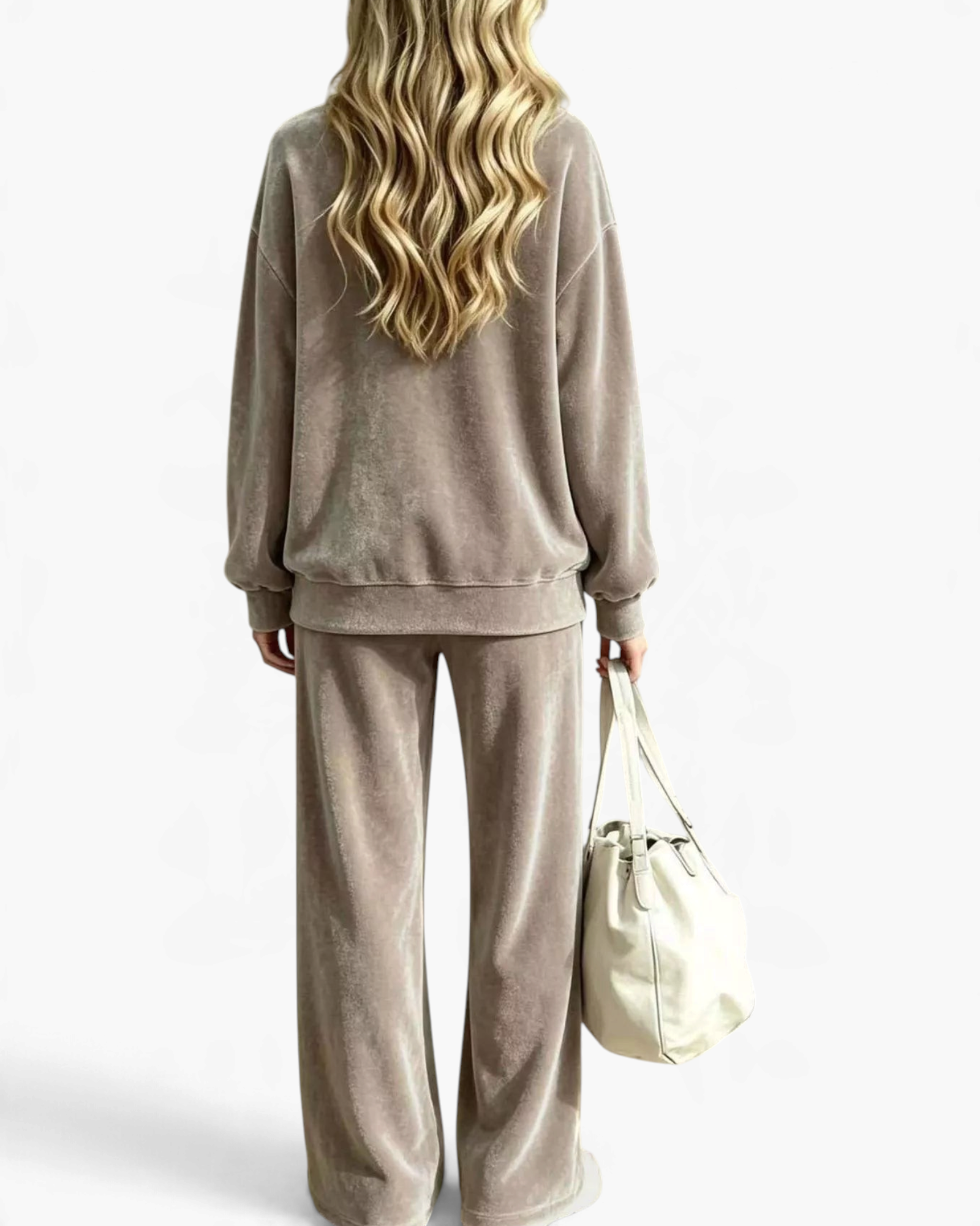Back view of a woman wearing a Beach Rose Co. taupe velour crewneck top and matching wide leg pants set.