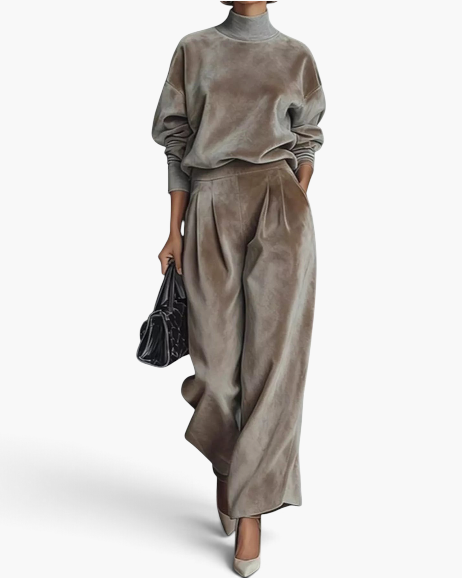 Beach Rose Co. taupe velvet matching set with a mock neck top and pleated wide leg pants on a model.