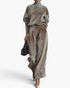 Beach Rose Co. taupe velvet matching set with a mock neck top and pleated wide leg pants on a model.
