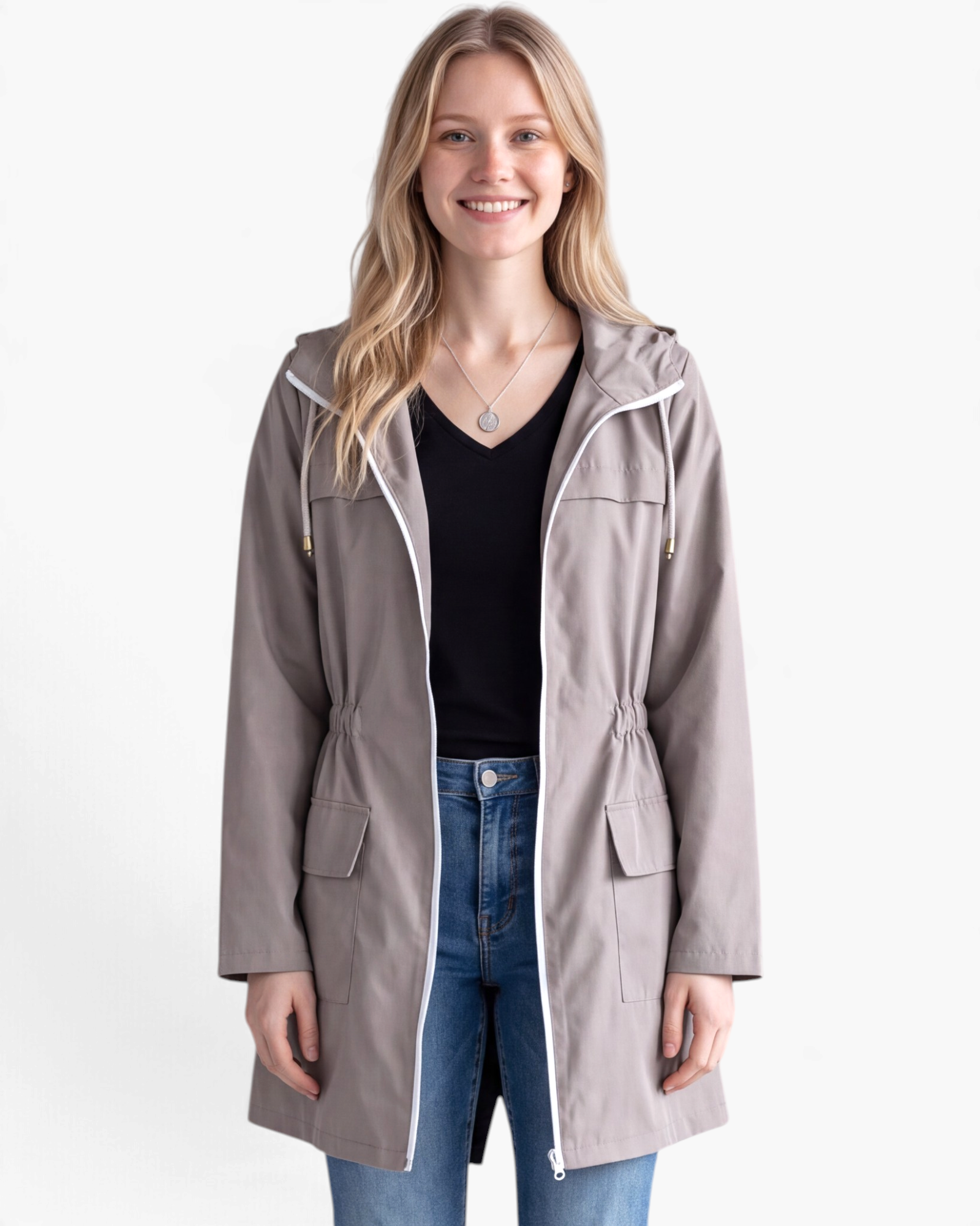 Beach Rose Co. taupe waterproof hooded rain jacket with a zip-front, flap pockets, and gathered waist on a model.