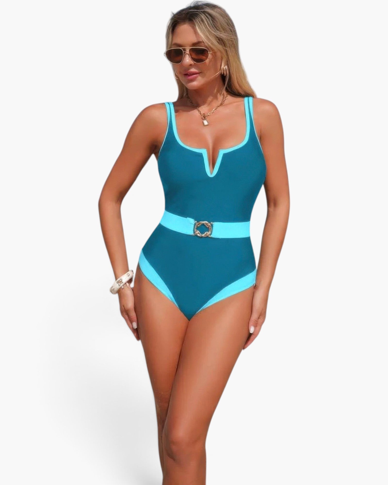 Beach Rose Co. one-piece swimsuit in teal and light blue with a metal buckle belt and flattering scoop neckline.