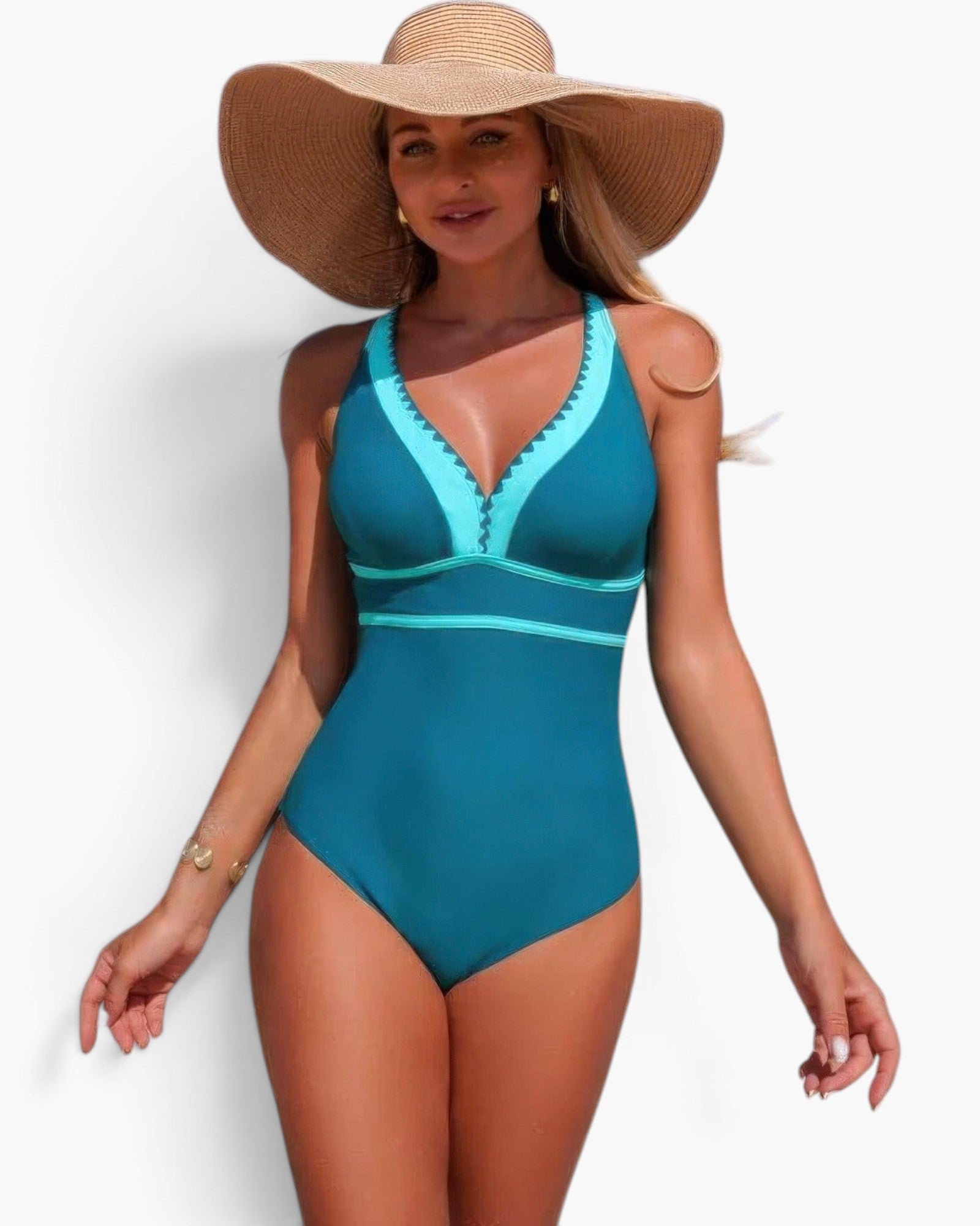 Beach Rose Co. one-piece swimsuit in teal and turquoise with a V-neckline and straw sun hat on a model