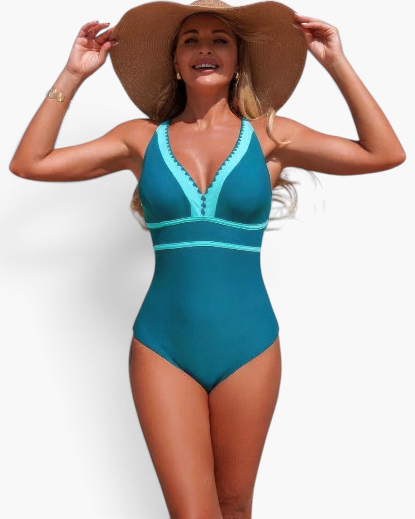 Beach Rose Co. one-piece swimsuit with teal color block V-neck, stretch fabric, and a wide-brimmed sun hat.