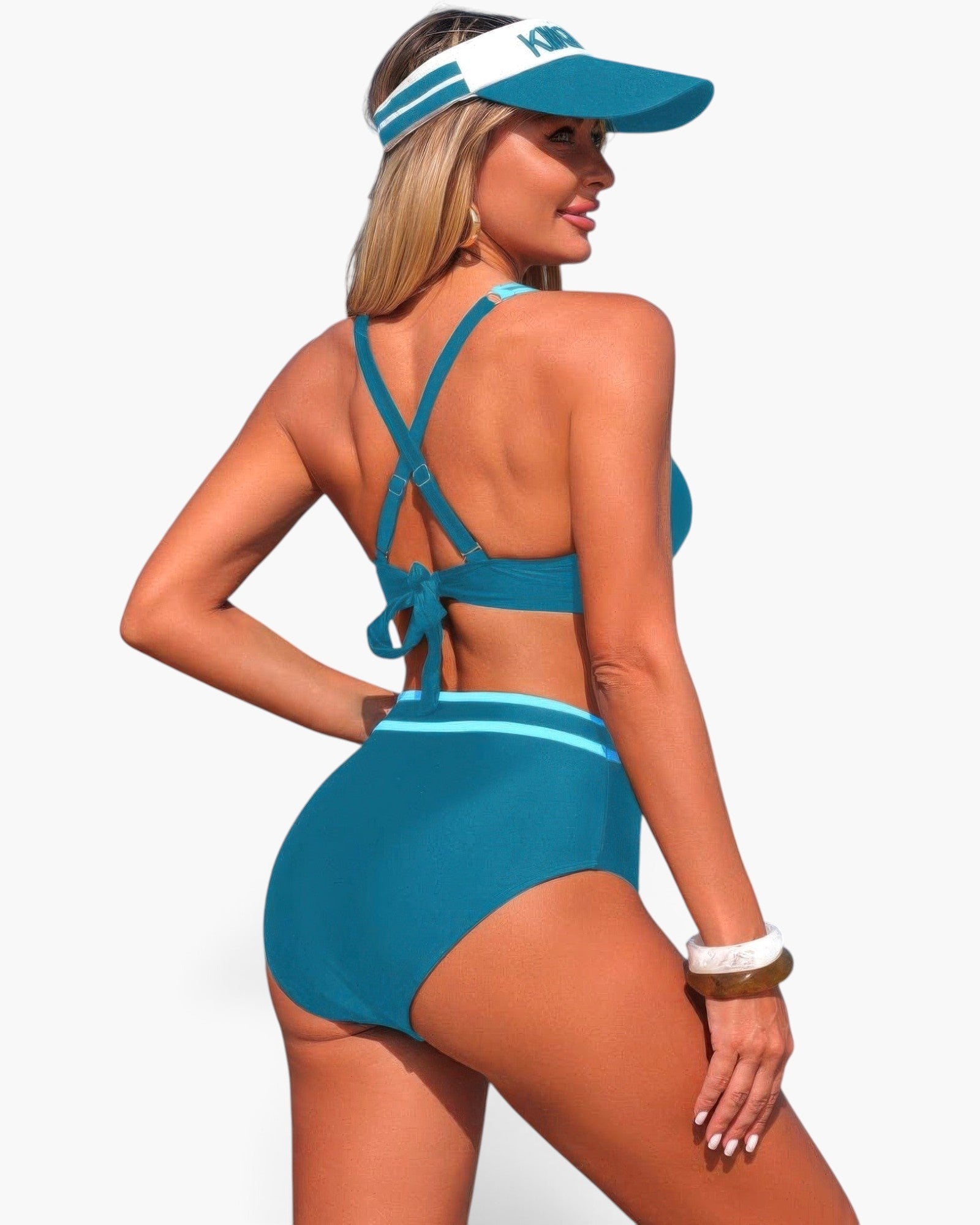 Beach Rose Co. two-piece high-waisted bikini in teal with contrasting light blue trim and cross-back strap detail.