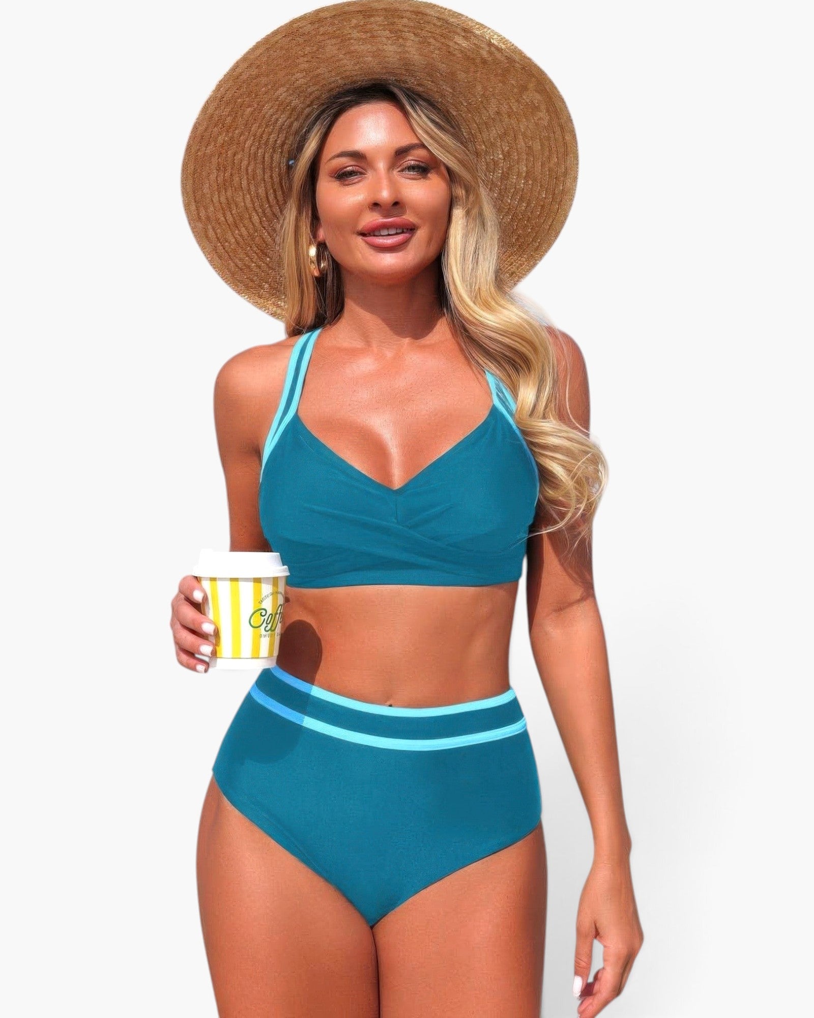Beach Rose Co. two-piece high-waisted bikini in teal with light blue contrast trim, worn by a woman with a sun hat.