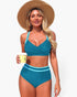 Beach Rose Co. two-piece high-waisted bikini in teal with light blue contrast trim, worn by a woman with a sun hat.