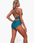 Beach Rose Co. teal one-piece swimsuit with a V-neck, U-ring back detail, and high-waisted fit on a model.