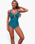 Beach Rose Co. teal one-piece swimsuit with a V-neckline, gold U-ring detail, and high-waisted silhouette.
