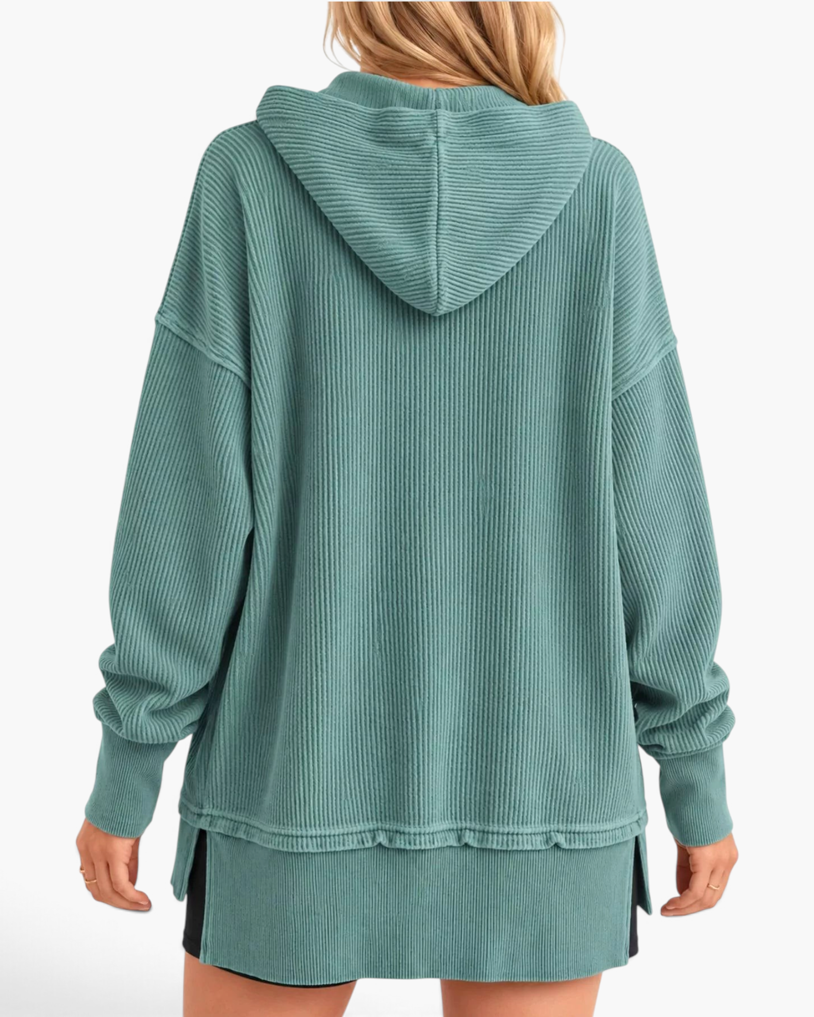 Back view of Beach Rose Co. teal ribbed hooded pullover with dropped shoulders and high-low hem on a model