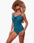 Beach Rose Co. teal one-piece swimsuit with V-neck, ruched tummy control, and gold strap accents on a blonde model.
