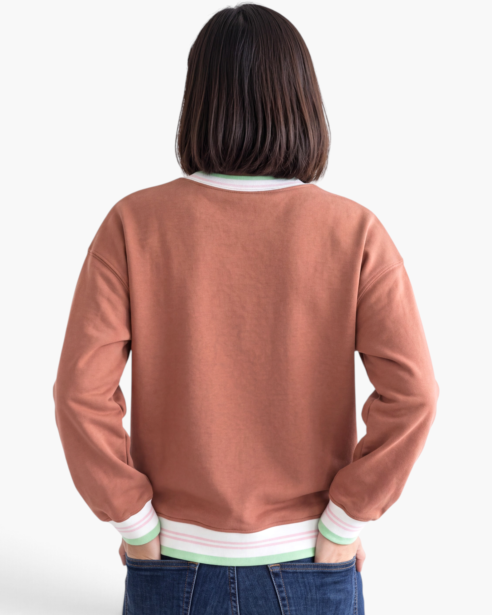 Beach Rose Co. rust brown crewneck sweatshirt with striped trim on the neckline, cuffs, and hem, back view.