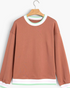 Beach Rose Co. terracotta crewneck sweatshirt with pastel striped trim on the neckline, cuffs, and hem.