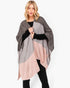 Beach Rose Co. Three Tones Ruana in soft acrylic knit with grey, taupe, and blush pink panels on a blonde model.
