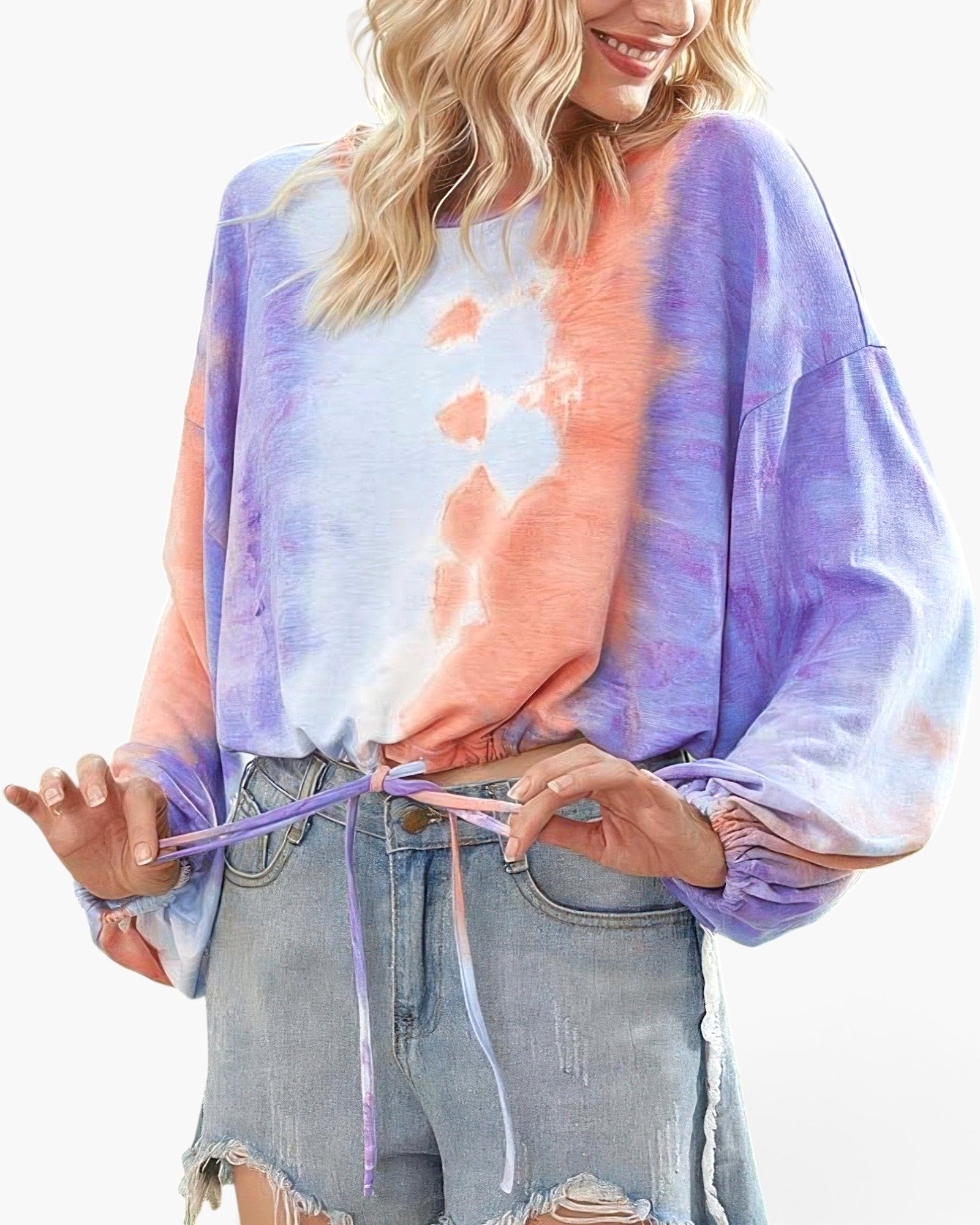 Beach Rose Co. tie-dye balloon sleeve top with round neck and drawstring waist worn by a blonde model with denim shorts