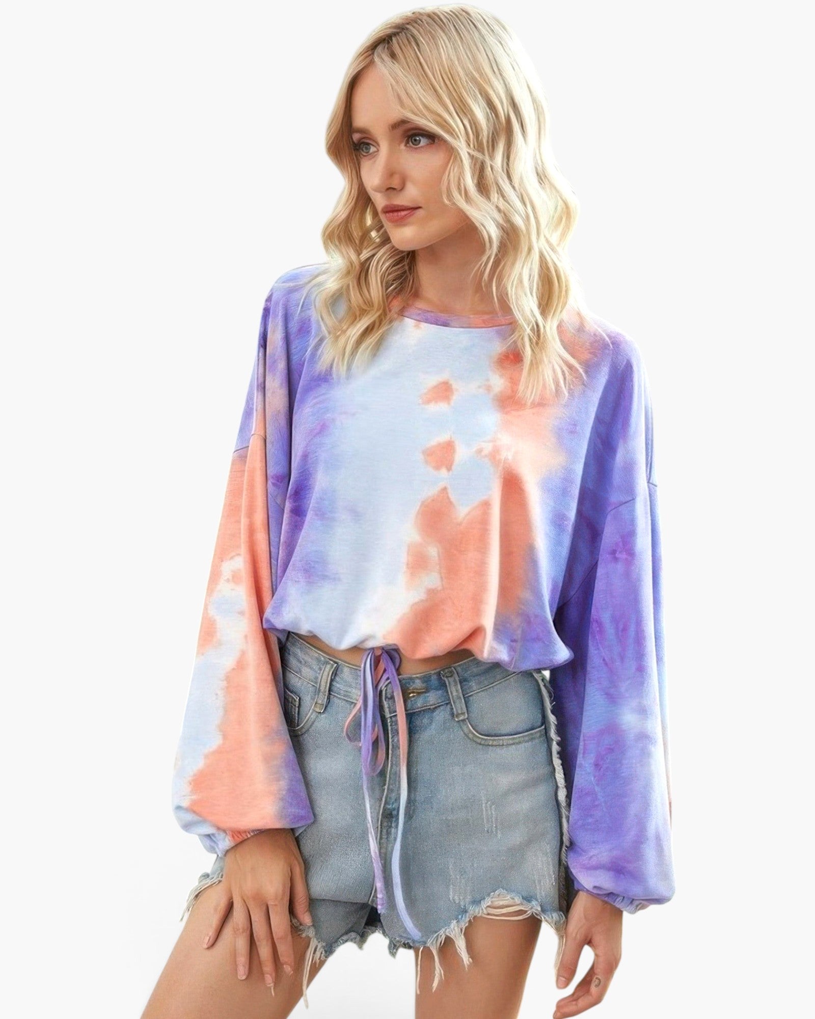Beach Rose Co. round neck tie dye top with long balloon sleeves worn by a blonde model in denim shorts