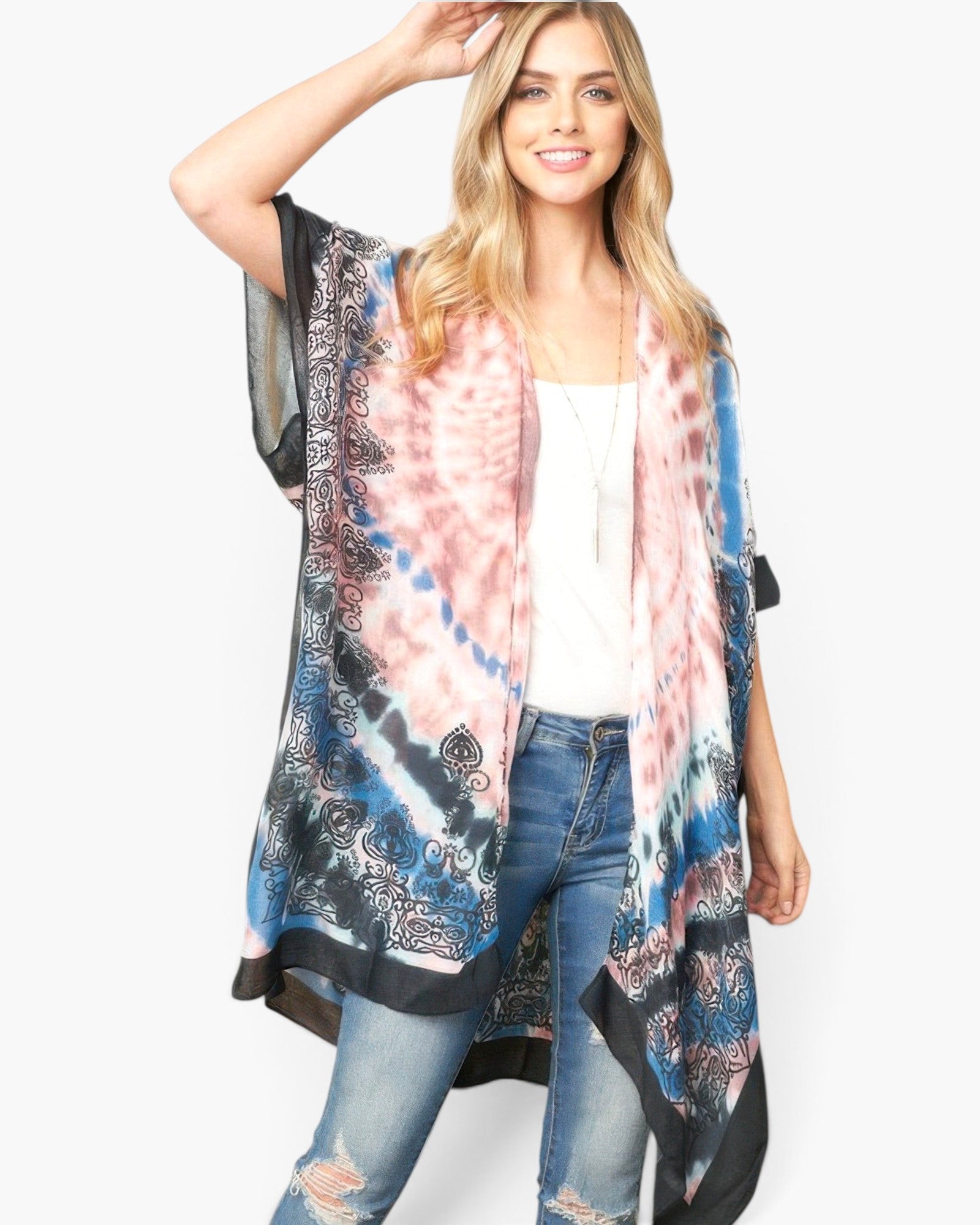 Beach Rose Co. model wearing a lightweight, open-front tie-dye boho kimono with pink, blue, and black patterns.