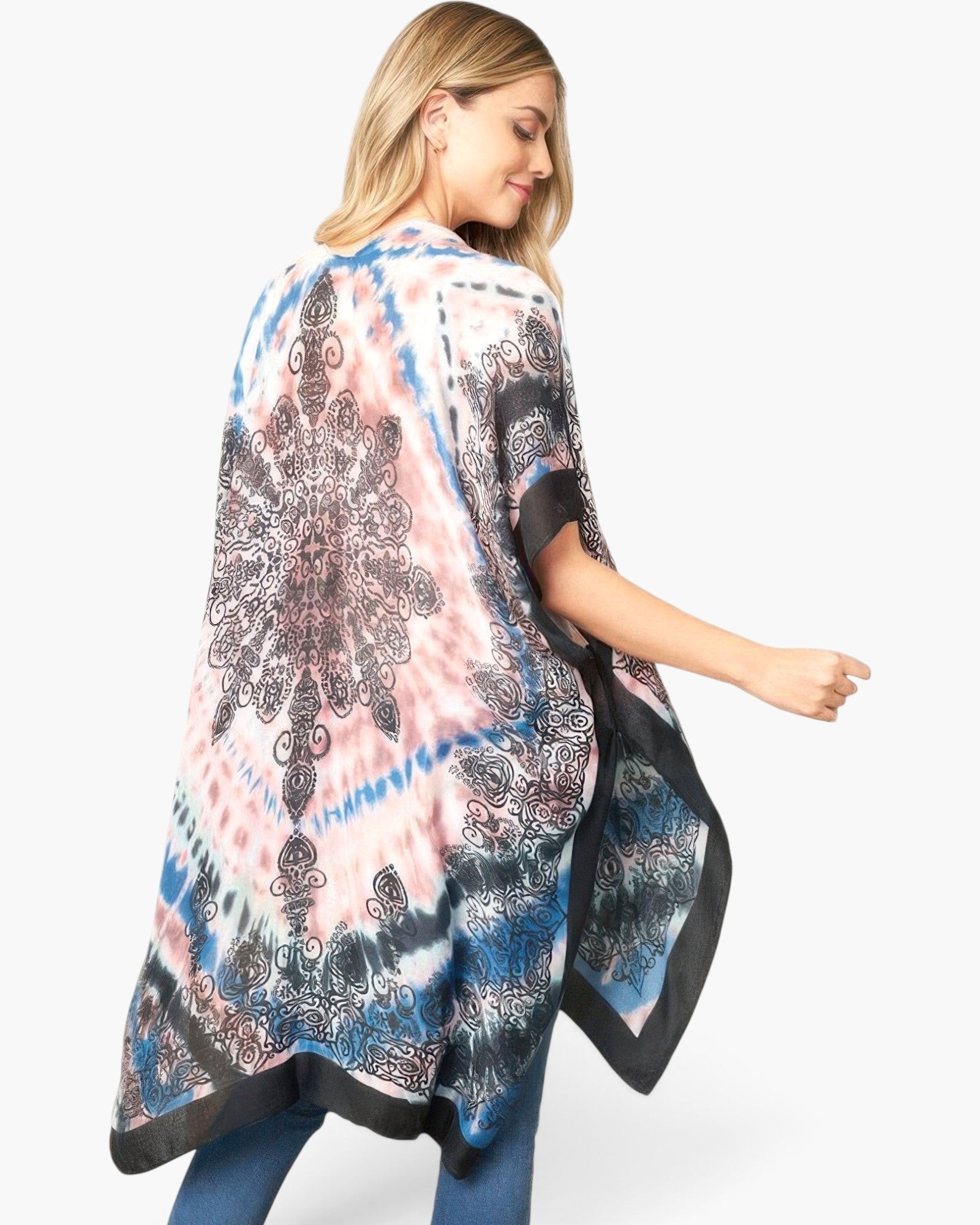 Beach Rose Co. tie-dye boho kimono with black mandala print, worn by a blonde woman against a white background.