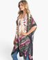 Beach Rose Co. tie-dye boho kimono with a vibrant pattern and relaxed open-front fit worn by a blonde model.