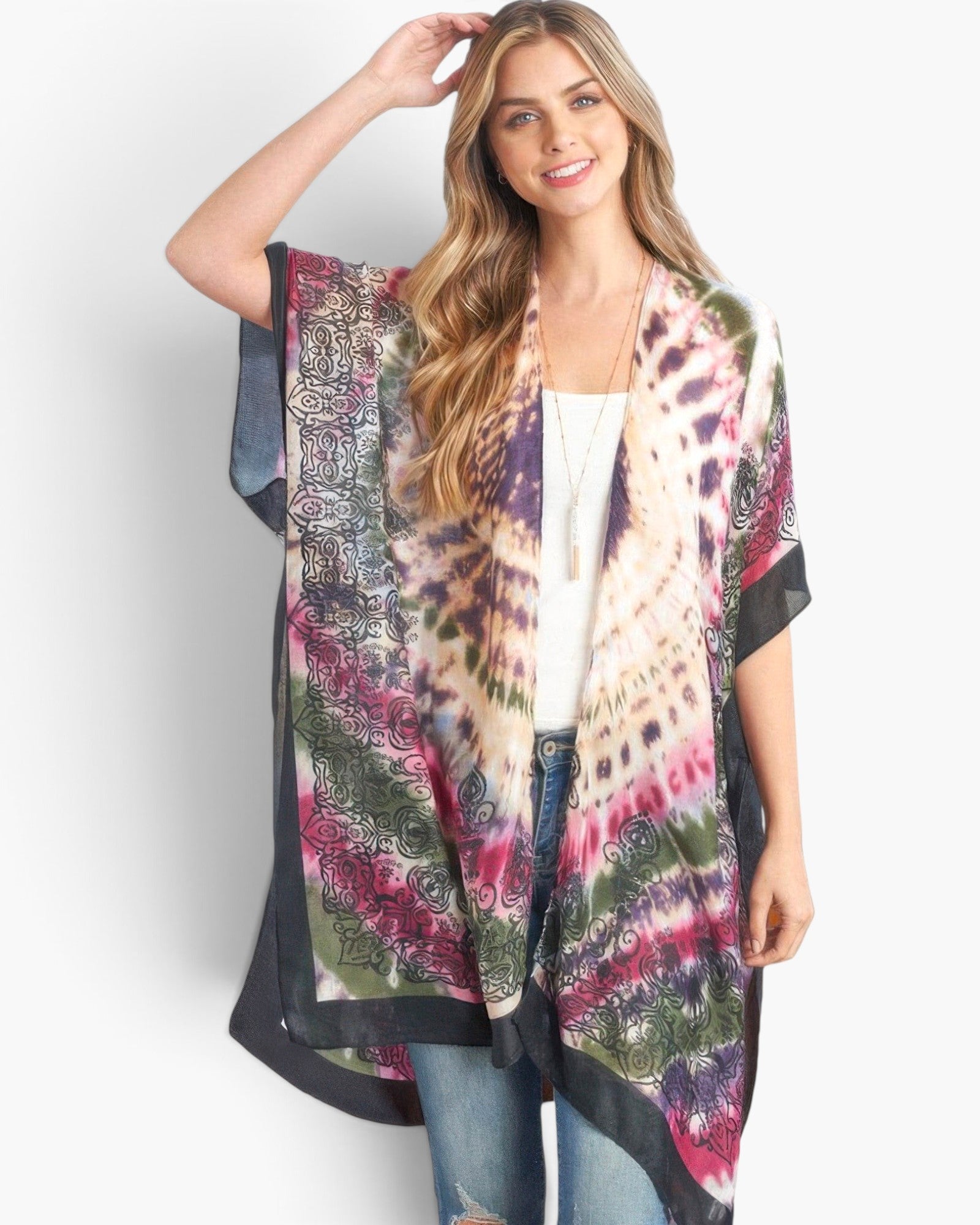 Beach Rose Co. tie-dye boho kimono with a vibrant pattern, relaxed open-front fit, and lightweight polyester fabric.