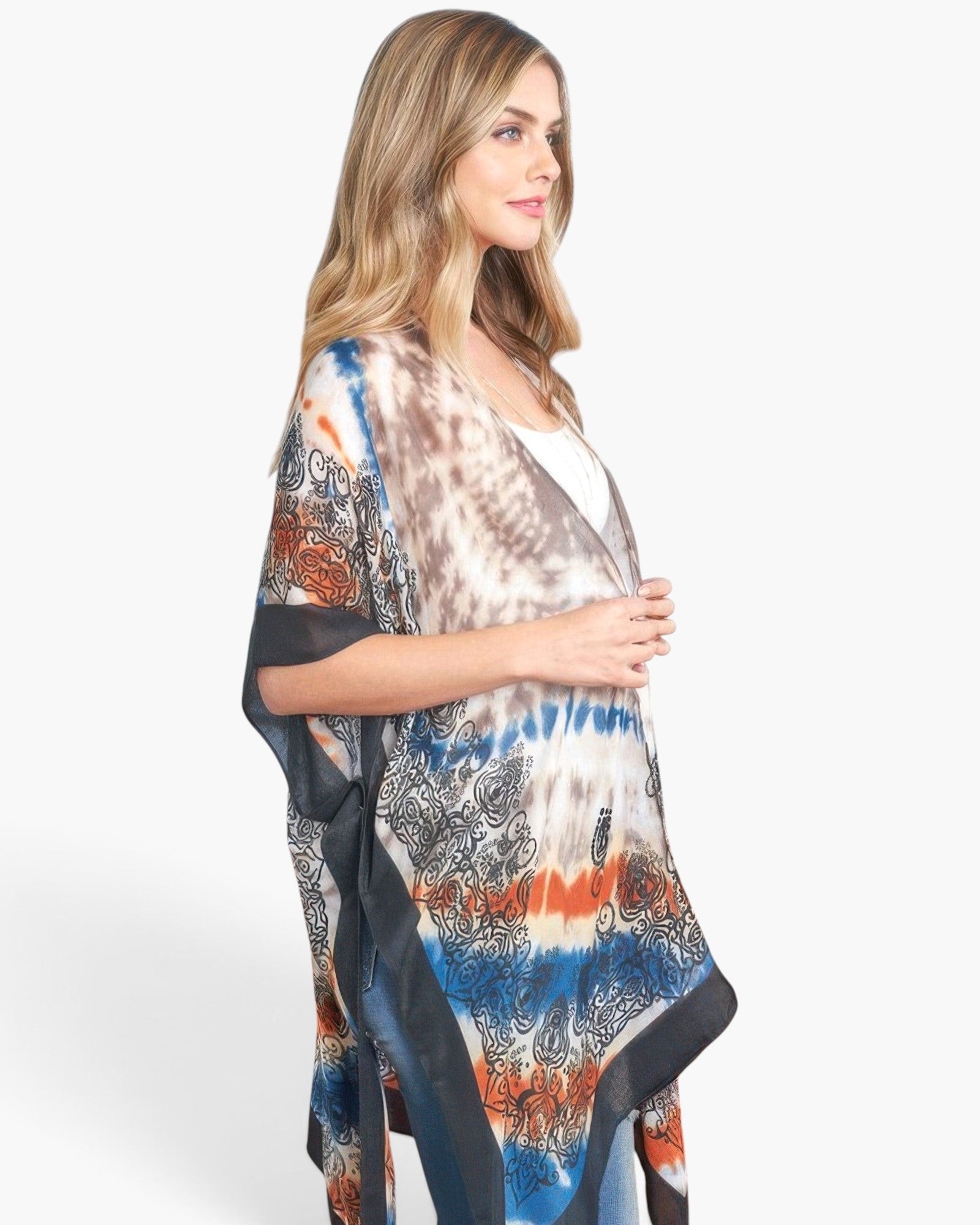 Beach Rose Co. tie-dye boho kimono in lightweight polyester with a relaxed open-front fit worn by a model