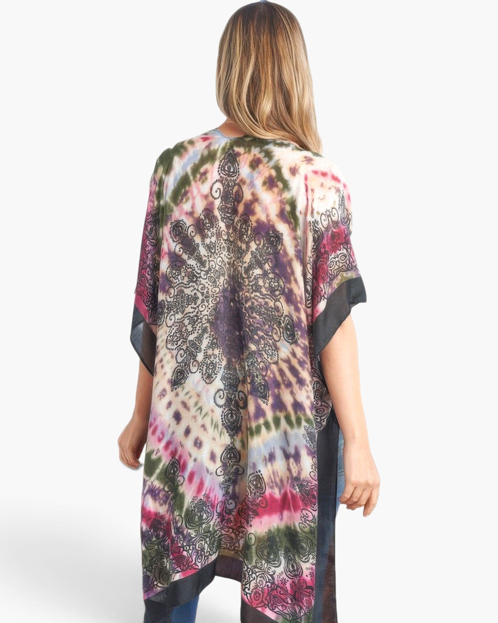 Beach Rose Co. tie-dye boho kimono with a vibrant mandala print, lightweight polyester fabric, and relaxed fit.