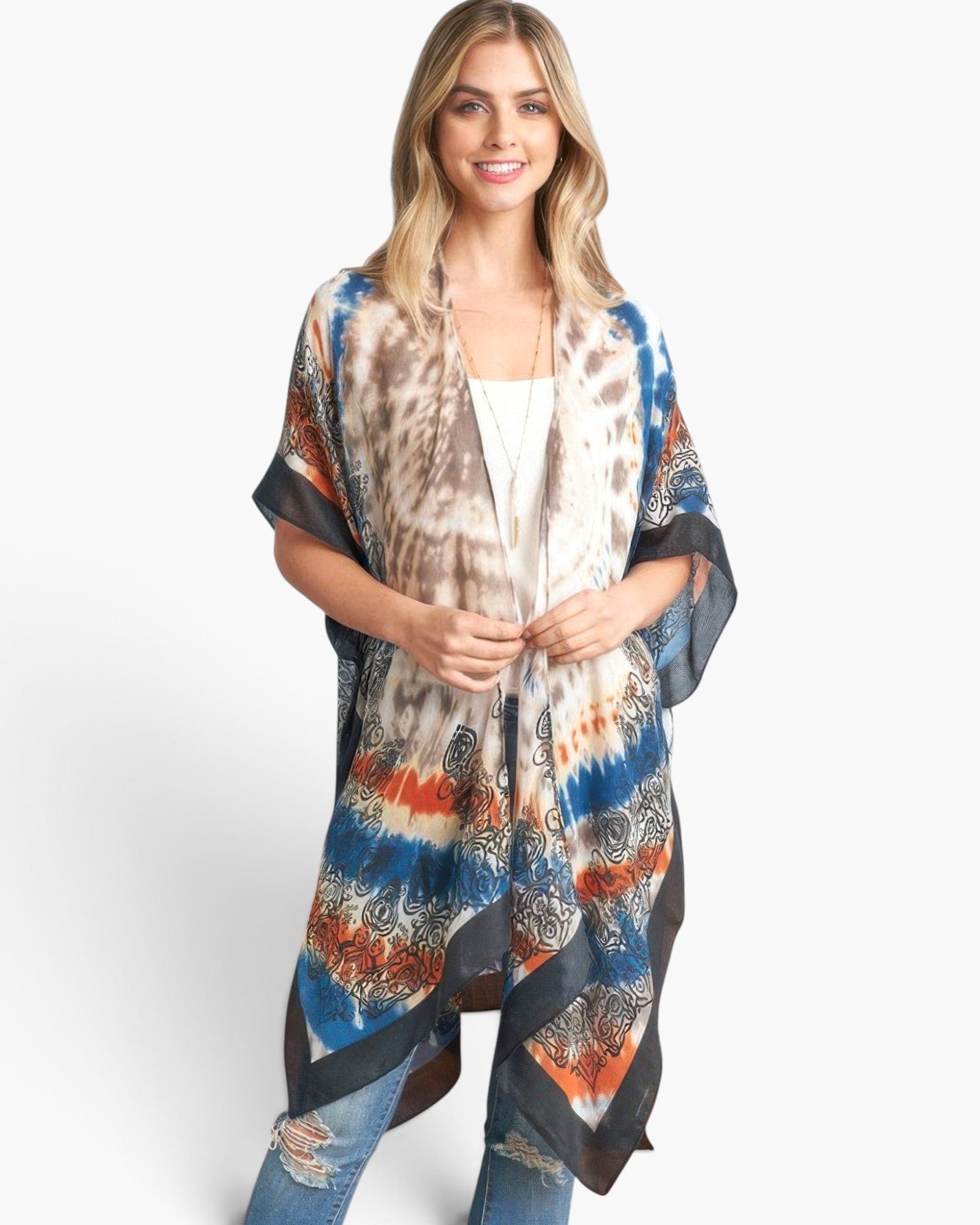 Beach Rose Co. tie-dye boho kimono with vibrant patterns, lightweight polyester fabric, and relaxed open-front fit.