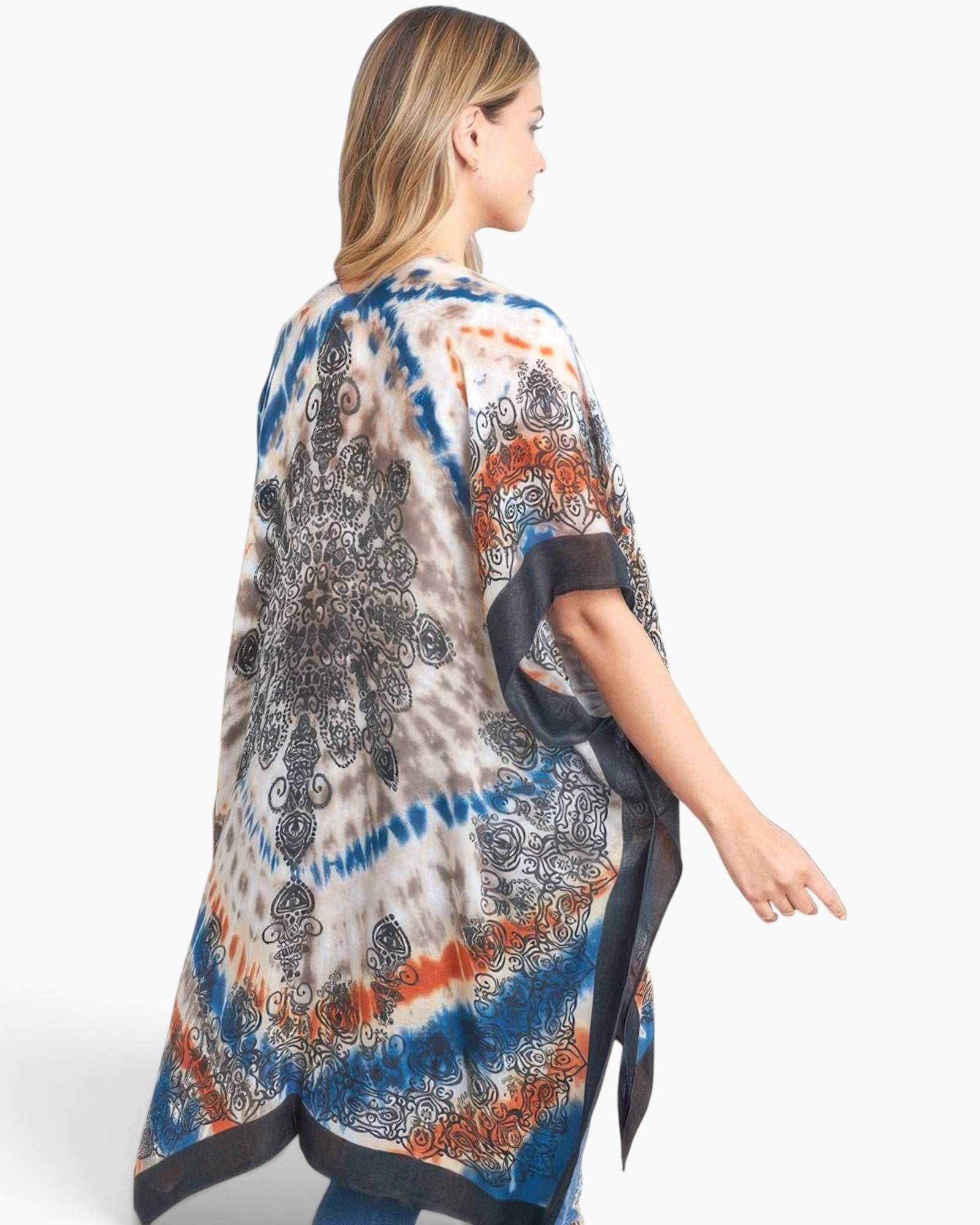Beach Rose Co. tie dye boho kimono with a vibrant mandala pattern, lightweight polyester, and relaxed open-front fit.