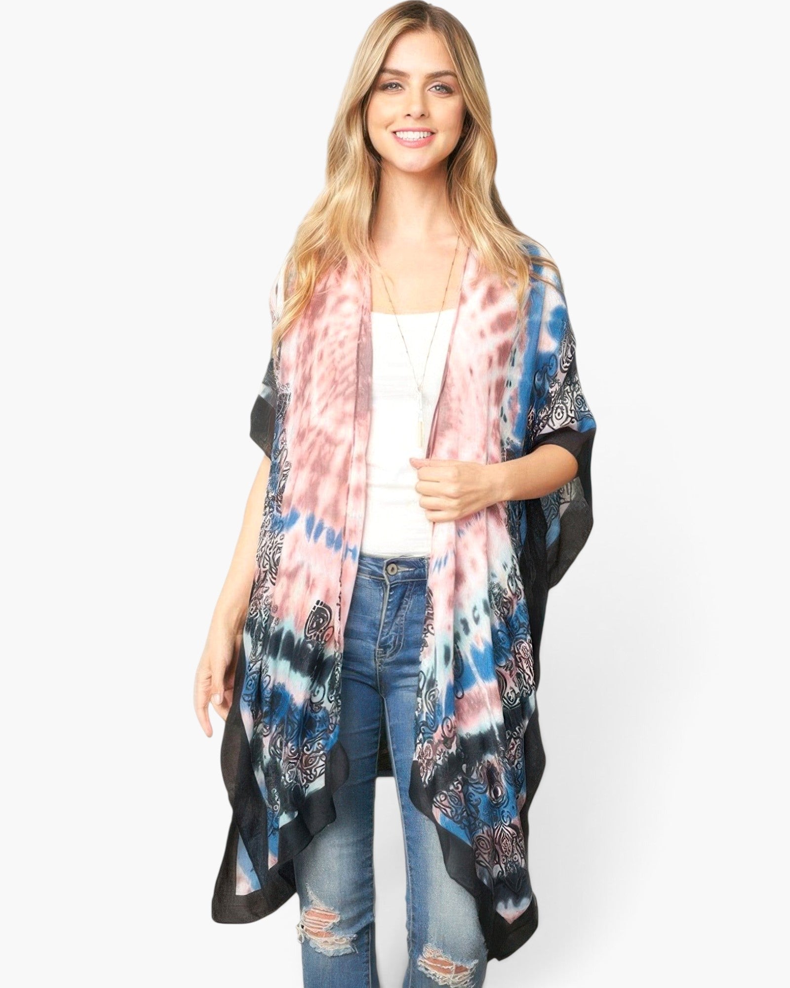 Beach Rose Co. model wearing a lightweight, open-front tie-dye boho kimono with pink, blue, and black patterns.