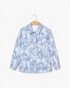 Beach Rose Co. light blue and white tie-dye corduroy shacket with button-front closure and chest pockets.