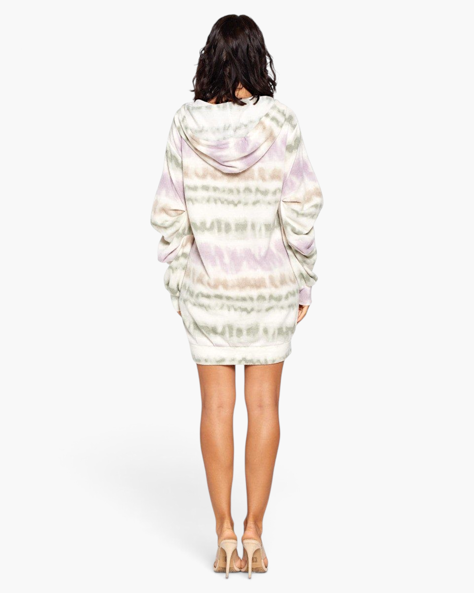 Beach Rose Co. terry brushed sweater dress with a tie-dye print, hood, and long sleeves, back view on a model.