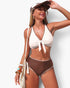 Beach Rose Co. two-piece bikini with a white tie-front top and brown high-waisted bottoms featuring scalloped trim.