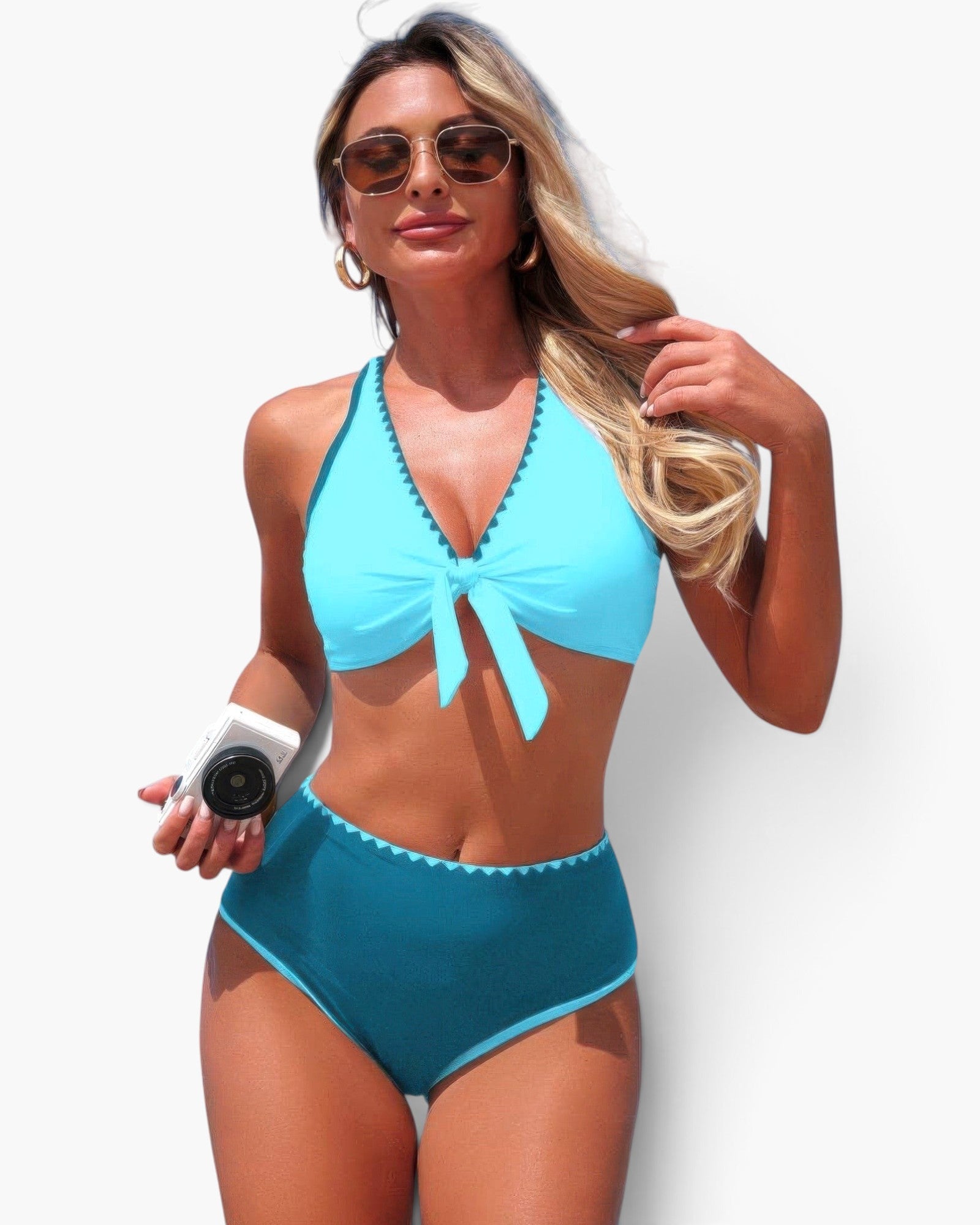 Beach Rose Co. two-piece bikini with light blue tie-front top and dark blue high-waisted bottoms with scalloped trim.