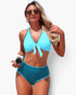 Beach Rose Co. two-piece bikini with light blue tie-front top and dark blue high-waisted bottoms with scalloped trim.
