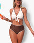 Beach Rose Co. two-piece bikini with a white tie-front top and brown high-waisted bottoms featuring scalloped trim.