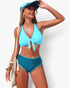 Beach Rose Co. two-piece bikini with a light blue tie-front top and dark teal high-waisted bottoms with scalloped trim