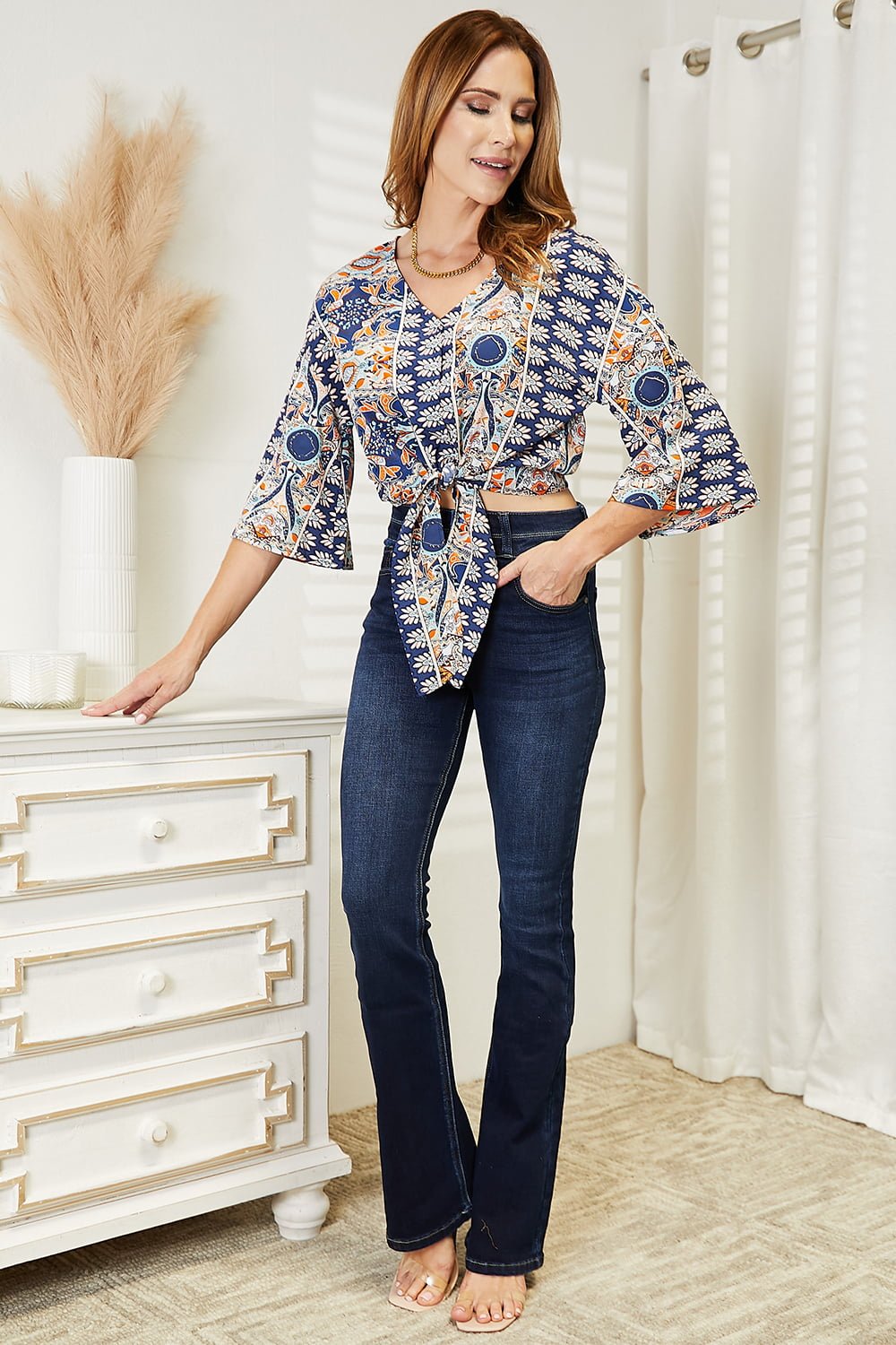 Beach Rose Co. - Tie Hem V - Neck Three - Quarter Sleeve Blouse